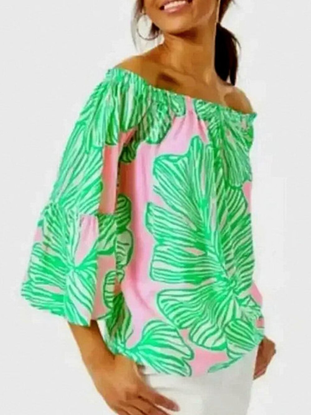 Lilly Pulitzer Nevie Off the Shoulder Top Who Let the Fronds Out Pink Green M